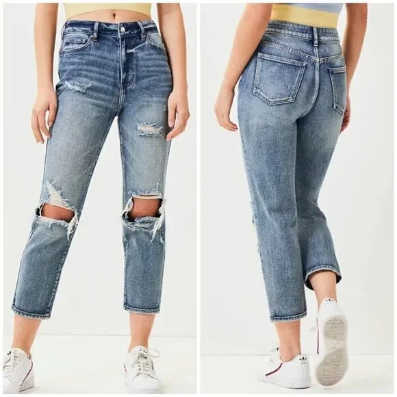 Pacsun Medium Wash High Rise Ripped Distressed Mom Jeans - Picture 1 of 5